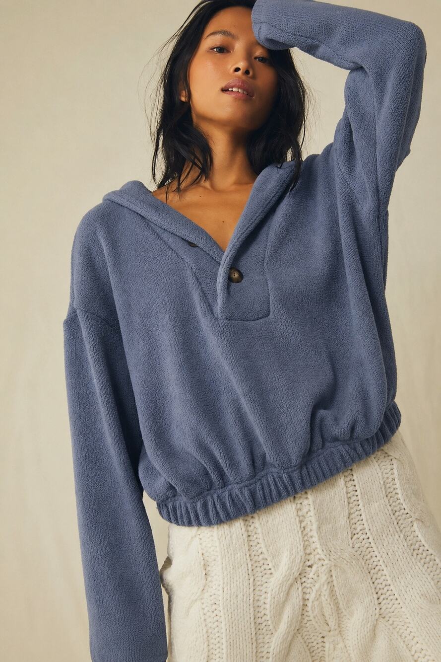 Free People Beach "Bino" Button Pullover Dusty Blue Textured Oversized Women M